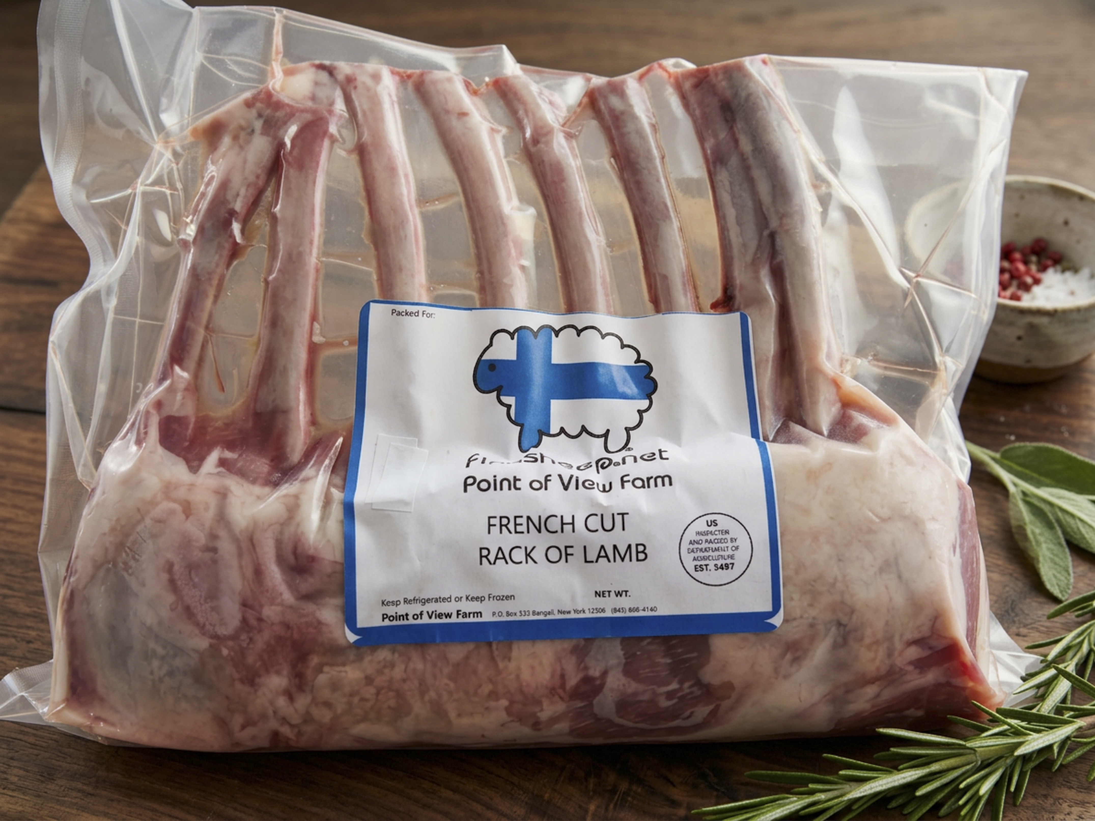 Frozen & Uncooked Frenched Rack of lamb in Point of View Farm packaging