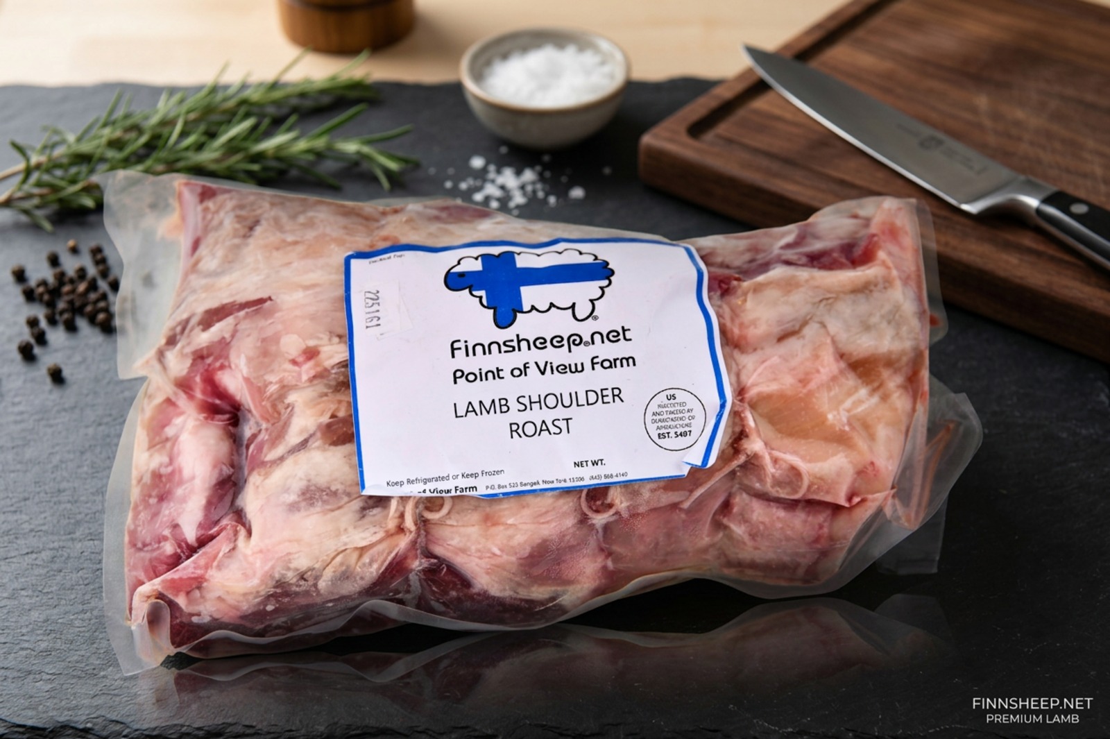 Finnsheep lamb, Frozen & Uncooked in Point of View Farm packaging